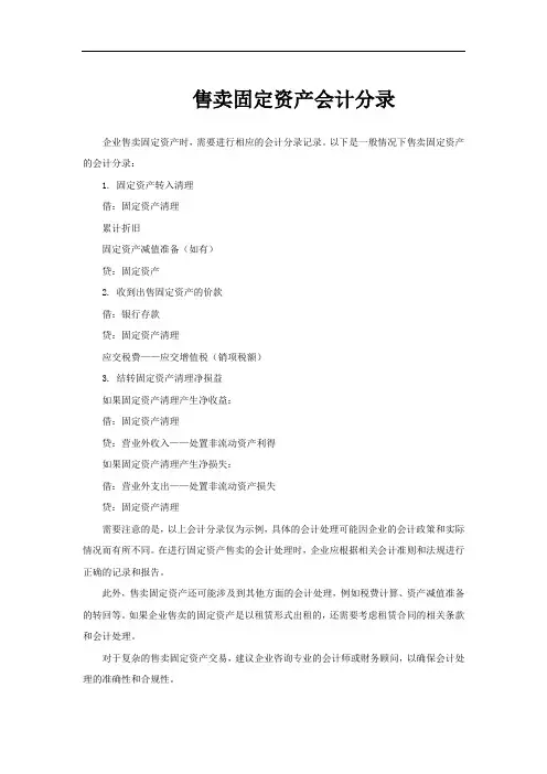 售卖固定资产会计分录