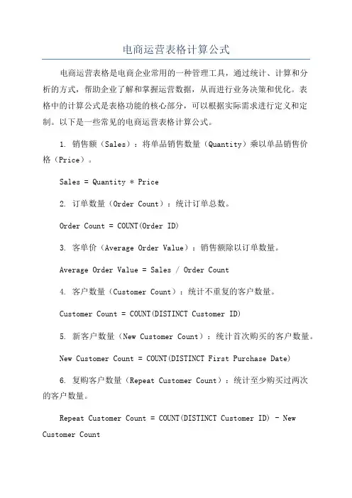 电商运营表格计算公式