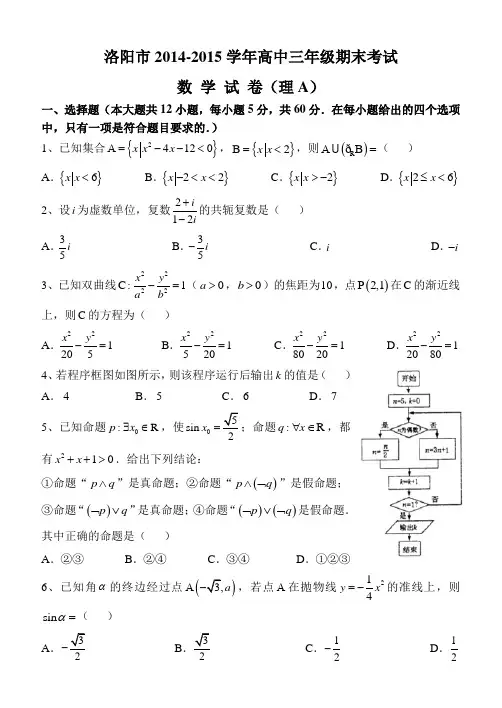 河南省洛阳市2015届高三上学期期末考试数学(理)试题 Word版含答案