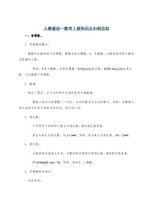 人教版初一数学上册知识点归纳总结
