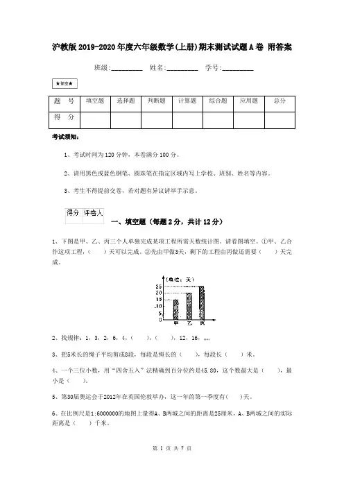 沪教版2019-2020年度六年级数学(上册)期末测试试题A卷 附答案