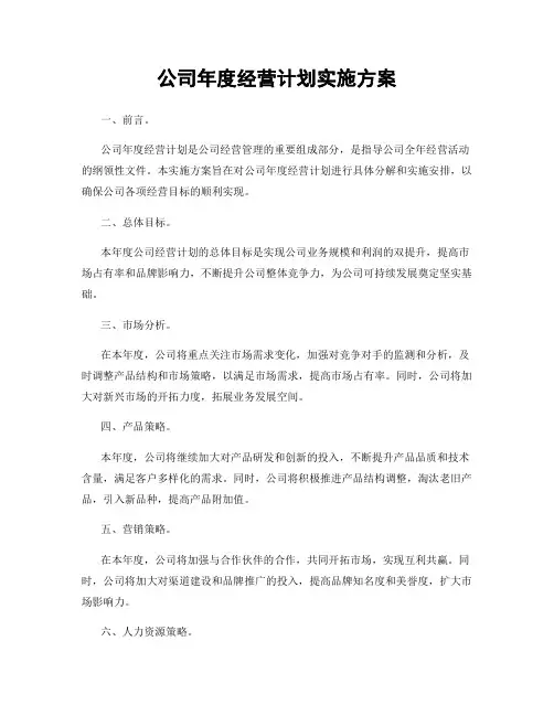 公司年度经营计划实施方案