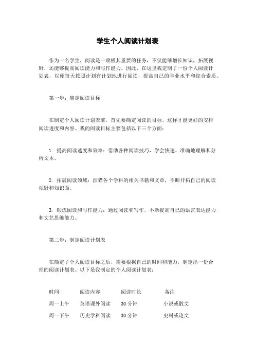 学生个人阅读计划表