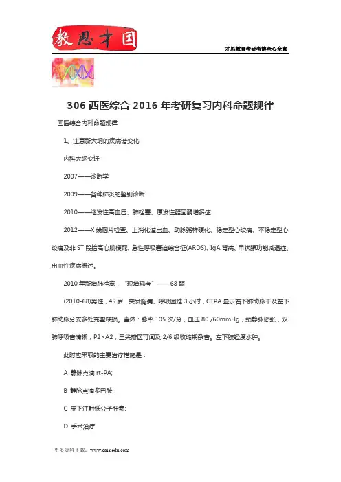 306西医综合2016年考研复习内科命题规律