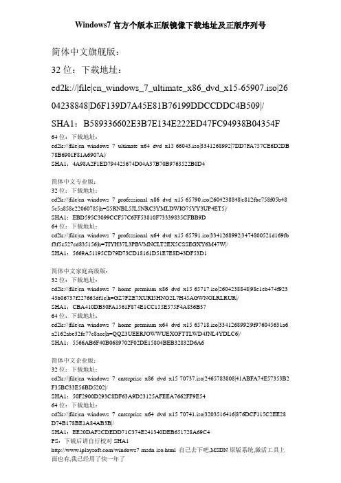 Win7官方个版本正版镜像下载地址及正版序列号