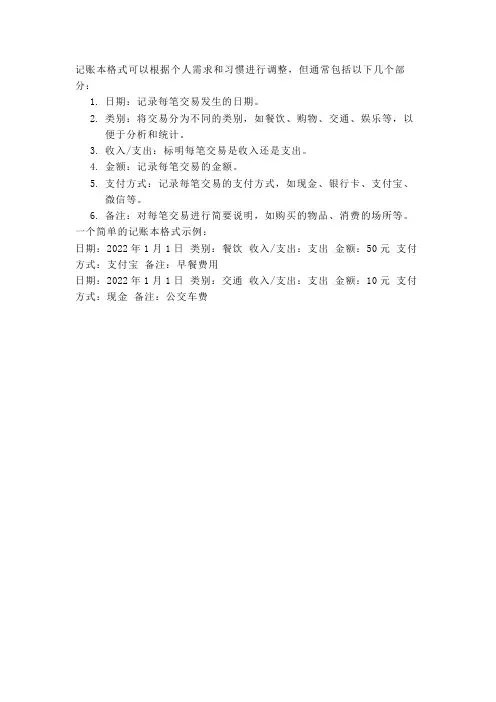 简单的记账本格式