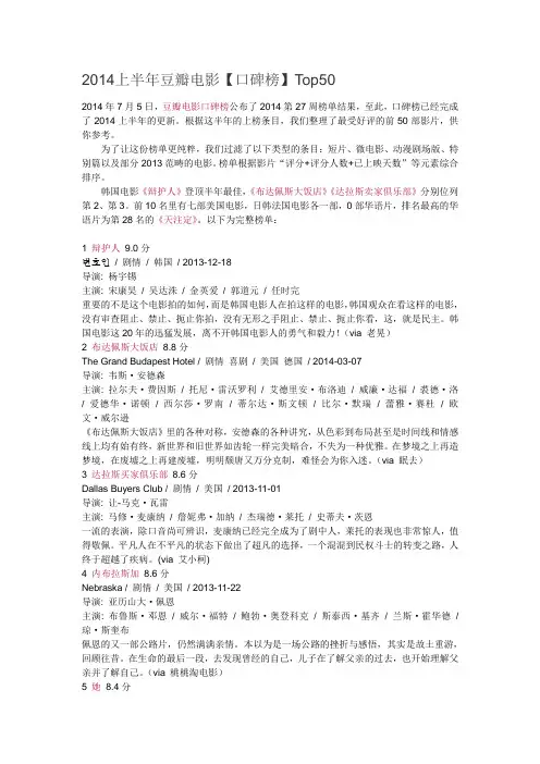 2014上半年豆瓣电影【口碑榜】Top50