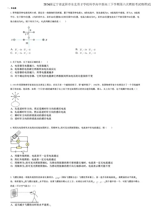 2024届辽宁省沈阳市东北育才学校科学高中部高三下学期第六次模拟考试物理试题提分版