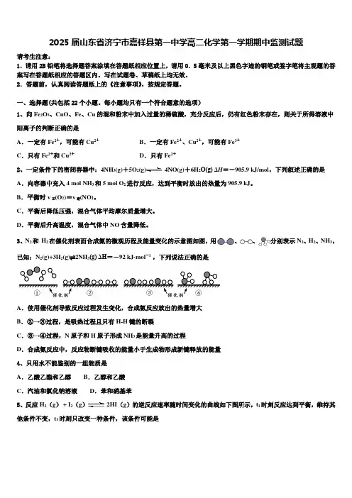 2025届山东省济宁市嘉祥县第一中学高二化学第一学期期中监测试题含解析