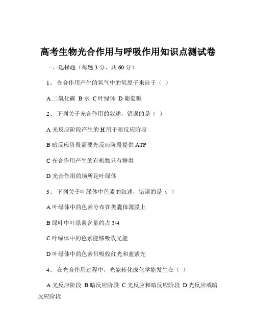 高考生物光合作用与呼吸作用知识点测试卷