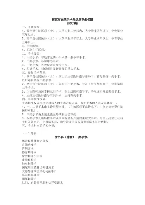 浙江省医院手术分级及审批权限