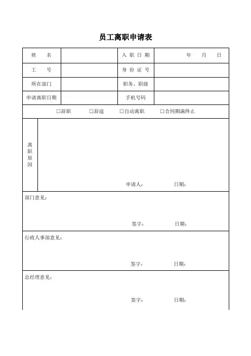 公司员工离职申请表辞职审批表模板