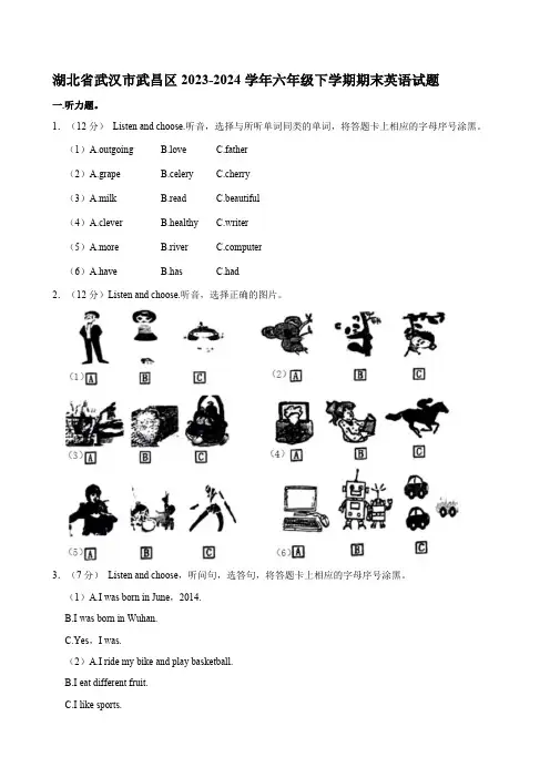 湖北省武汉市武昌区2023-2024学年六年级下学期期末英语试题(含笔试答案,无听力原文,无音频)