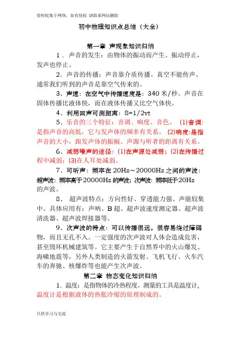 中考初中物理知识点总结