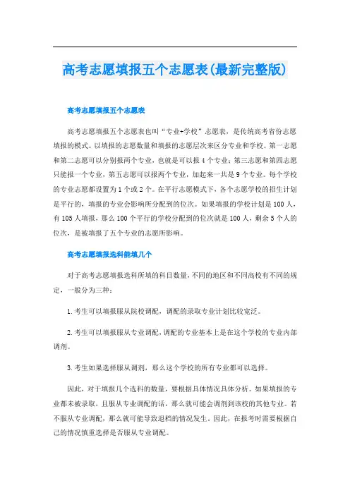 高考志愿填报五个志愿表(最新完整版)