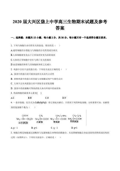 2020届大兴区垡上中学高三生物期末试题及参考答案