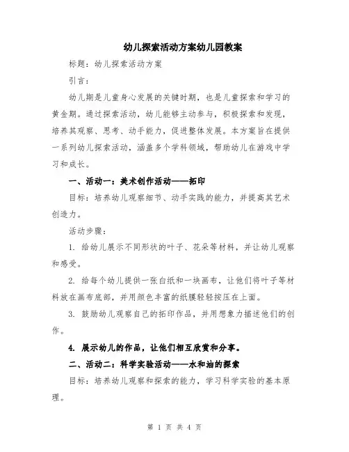 幼儿探索活动方案幼儿园教案