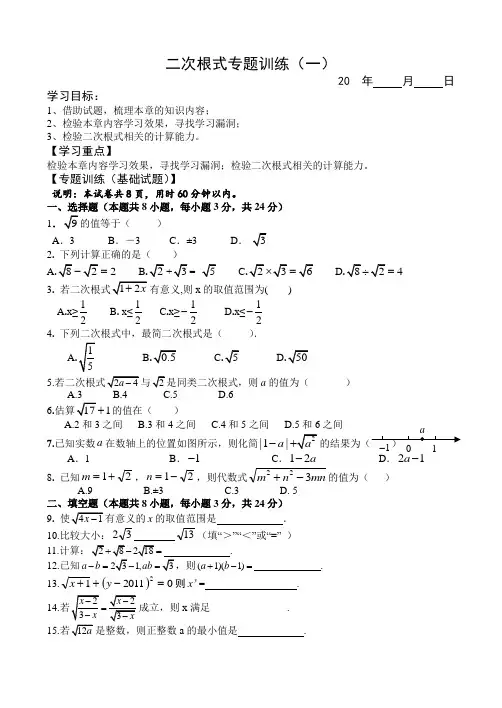 第十六章二次根式专题训练(一) -2023-2024学年人教版数学八年级下册 