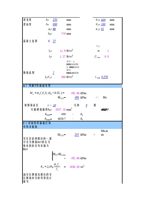各种梁配筋计算表格