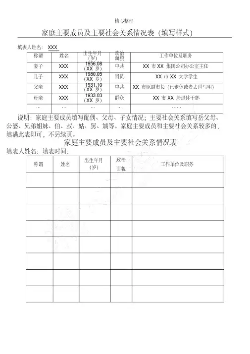 家庭主要成员与主要社会关系情况表格模板(填写样式)