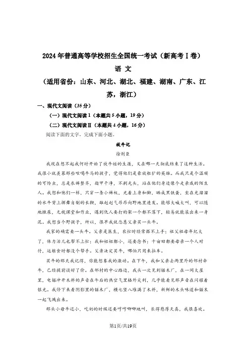 2024年新课标全国Ⅰ卷语文高考真题文档版(含答案)