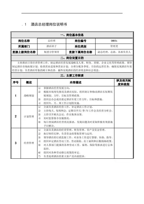 酒店总经理岗位说明书