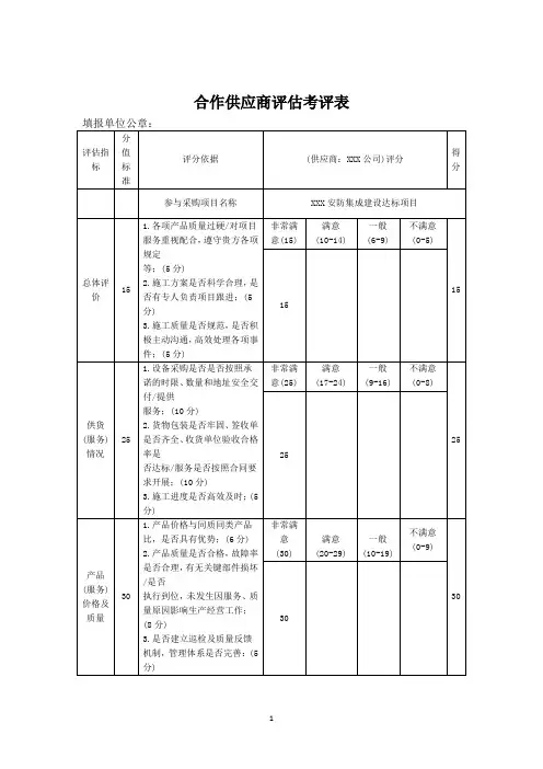 合作供应商评估考评表