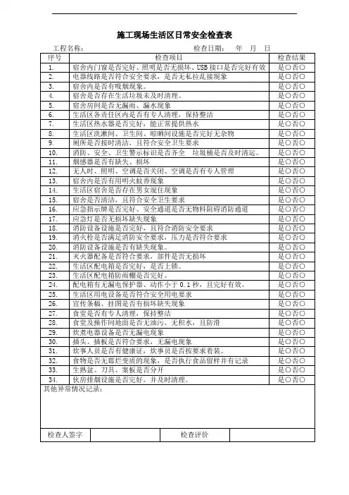 (完整版)施工现场生活区日常安全检查表