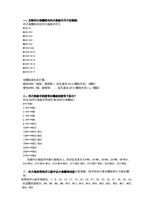 扳手和螺母对照表