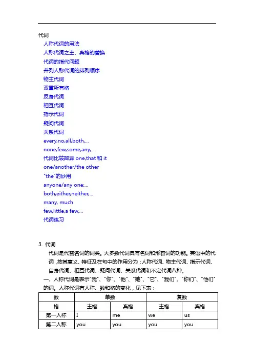 代词 人称代词的用法 人称代词之主、宾格的替换 代词的指代问题 并