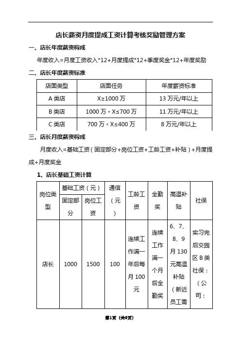 店长薪资月度提成工资计算考核奖励管理方案
