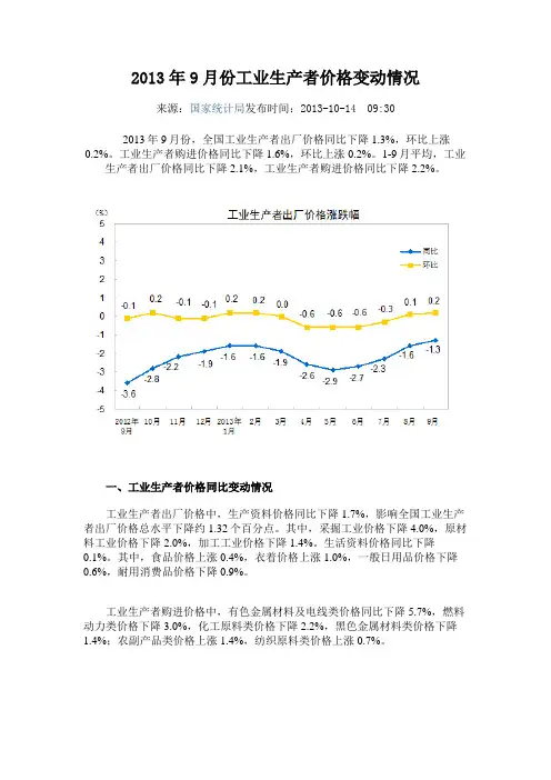 2013年9月份工业生产者价格变动情况