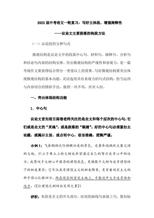 2023年中考语文一轮复习议论文作文突破：写好主体段,增强阐释性