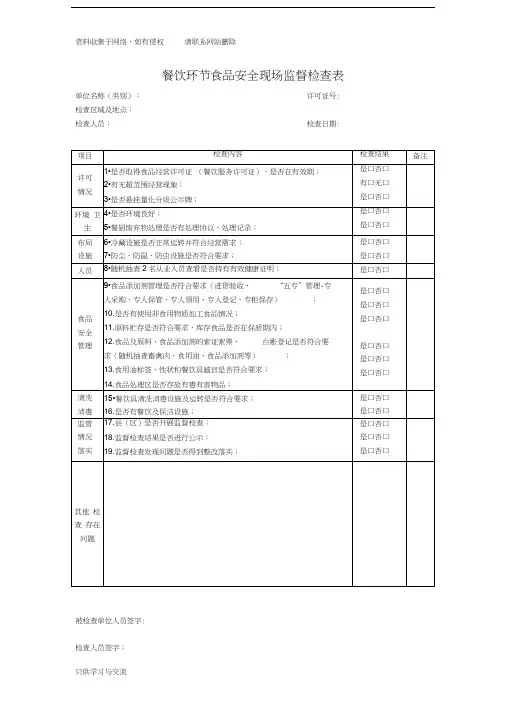 餐饮环节食品安全现场监督检查表