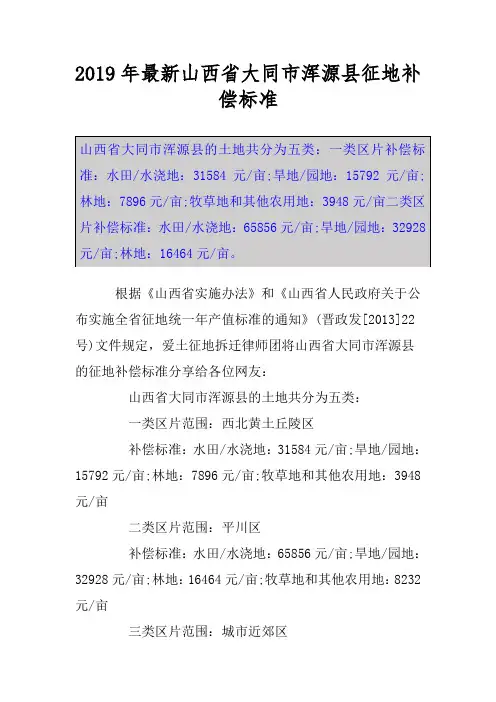 2019年最新山西省大同市浑源县征地补偿标准