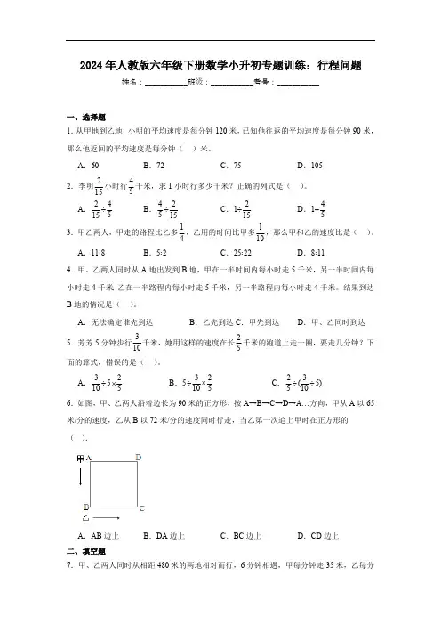 2024年人教版六年级下册数学小升初专题训练：行程问题(含解析)