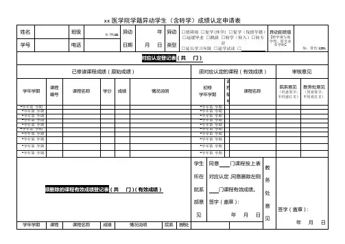 xx医学院学籍异动学生(含转学)成绩认定申请表