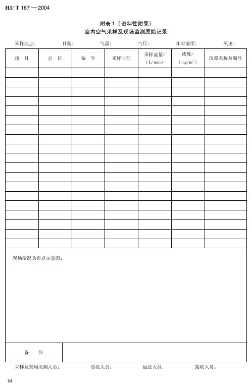 室内环境空气质量监测技术规范表(HJ-T 167-2004)