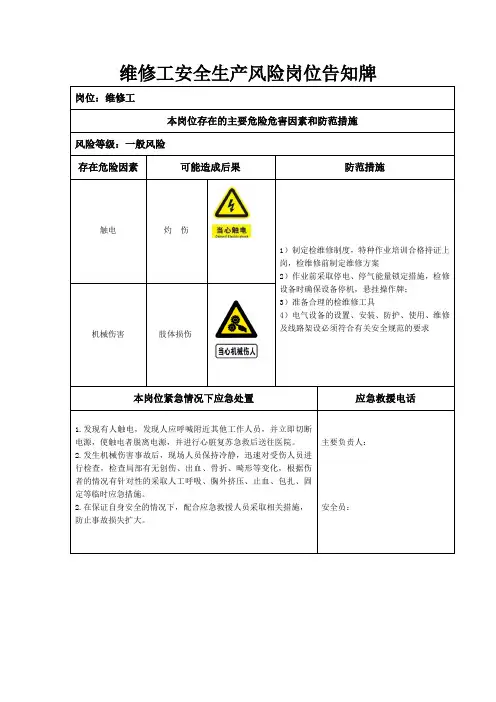 维修工安全生产风险岗位告知牌