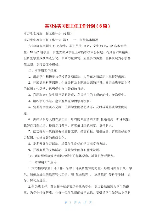 实习生实习班主任工作计划(6篇)