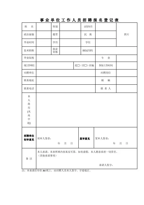 事业单位工作人员招聘报名登记表