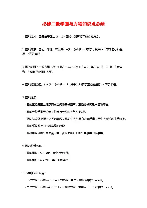 必修二数学圆与方程知识点总结