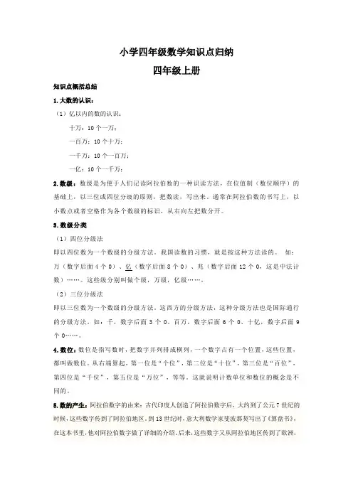 人教版小学四年级数学上下册知识点归纳