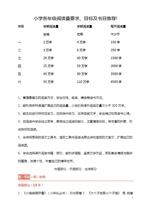 小学各年级阅读量要求