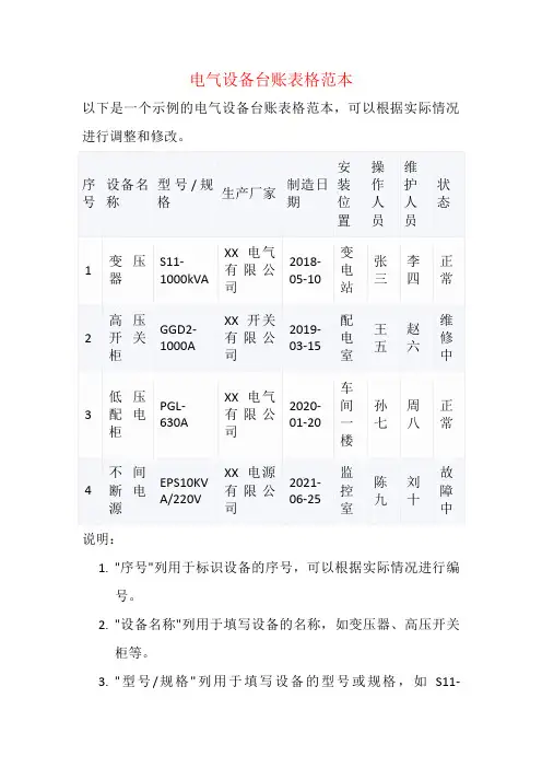 电气设备台账表格范本