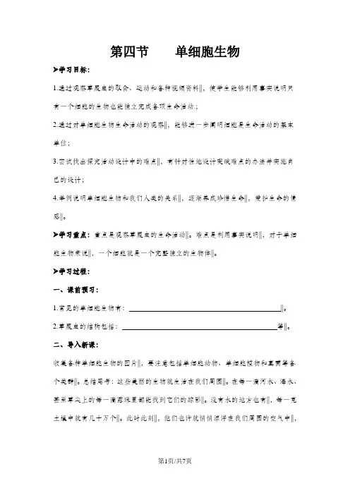 人教版七年级上册生物同步导学案：第二单元 第二章 第四节 单细胞生物