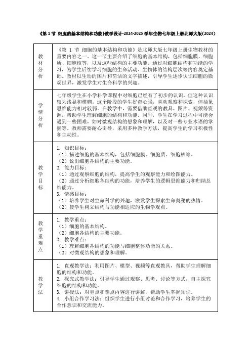 《第1节 细胞的基本结构和功能》教学设计-2024-2025学年生物七年级上册北师大版(2024)