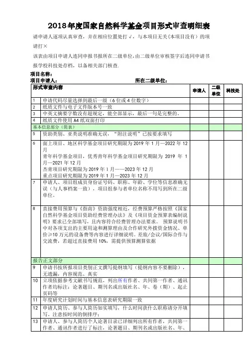 2018年度国家自然科学基金项目形式审查明细表