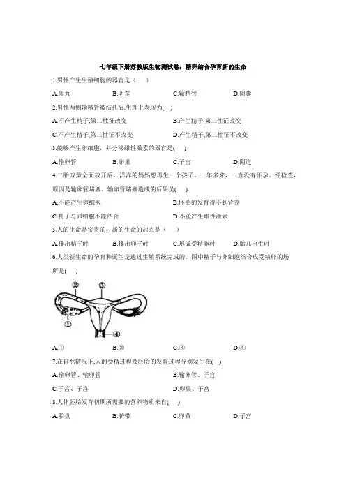 七年级下册苏教版生物测试卷：精卵结合孕育新的生命