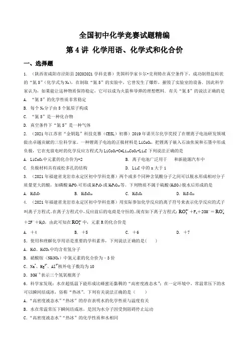 第4讲化学用语化学式和化合价-全国初中化学竞赛试题精编(原卷版)